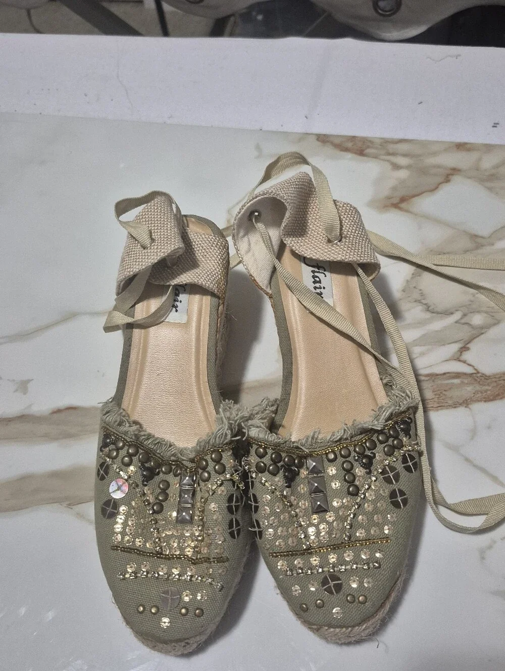 Women's Embellished Beige Espadrille Flats